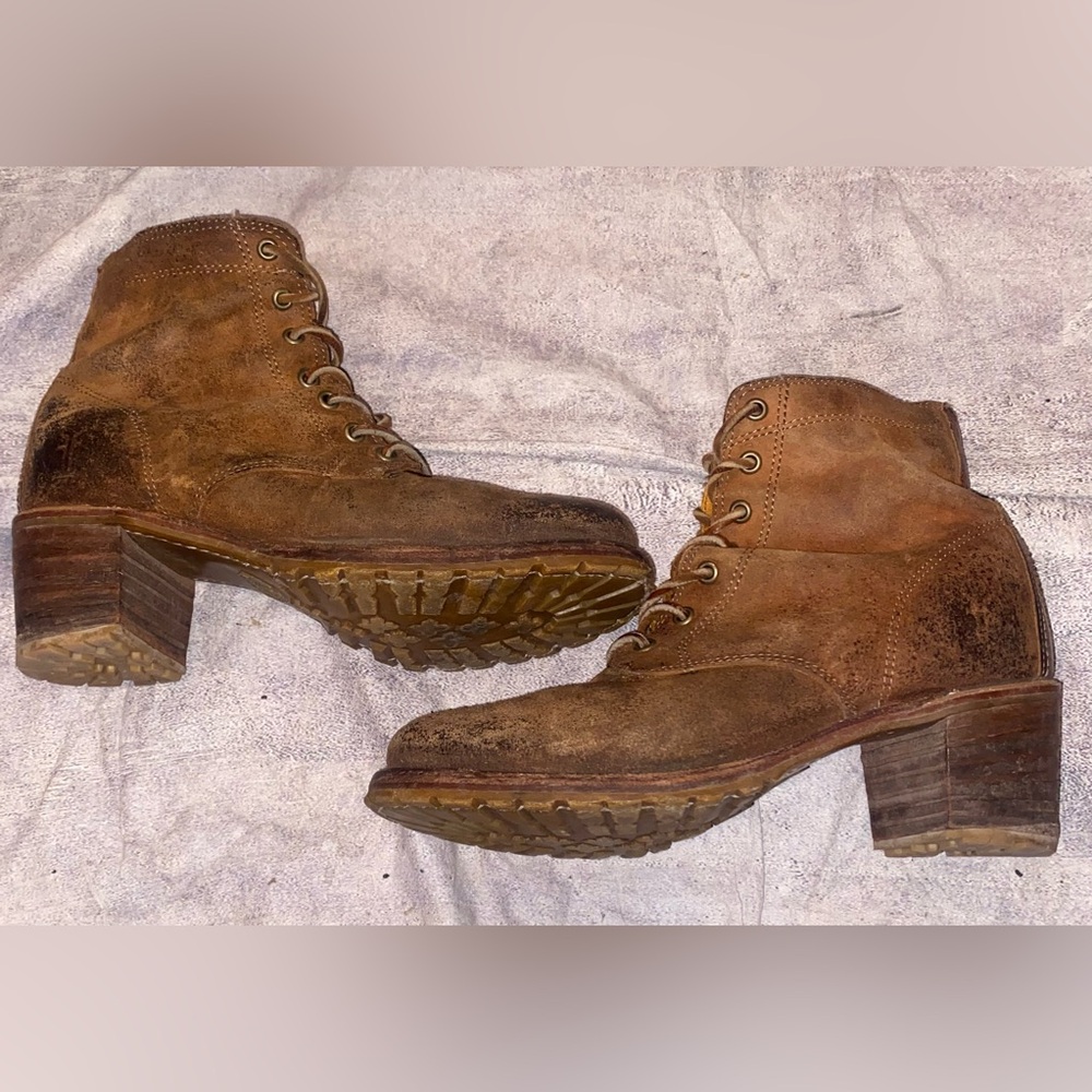 Frye Sabrina 6G Burnished Suede Brown Lace-Up Combat Heeled Boots - Picture 2 of 11